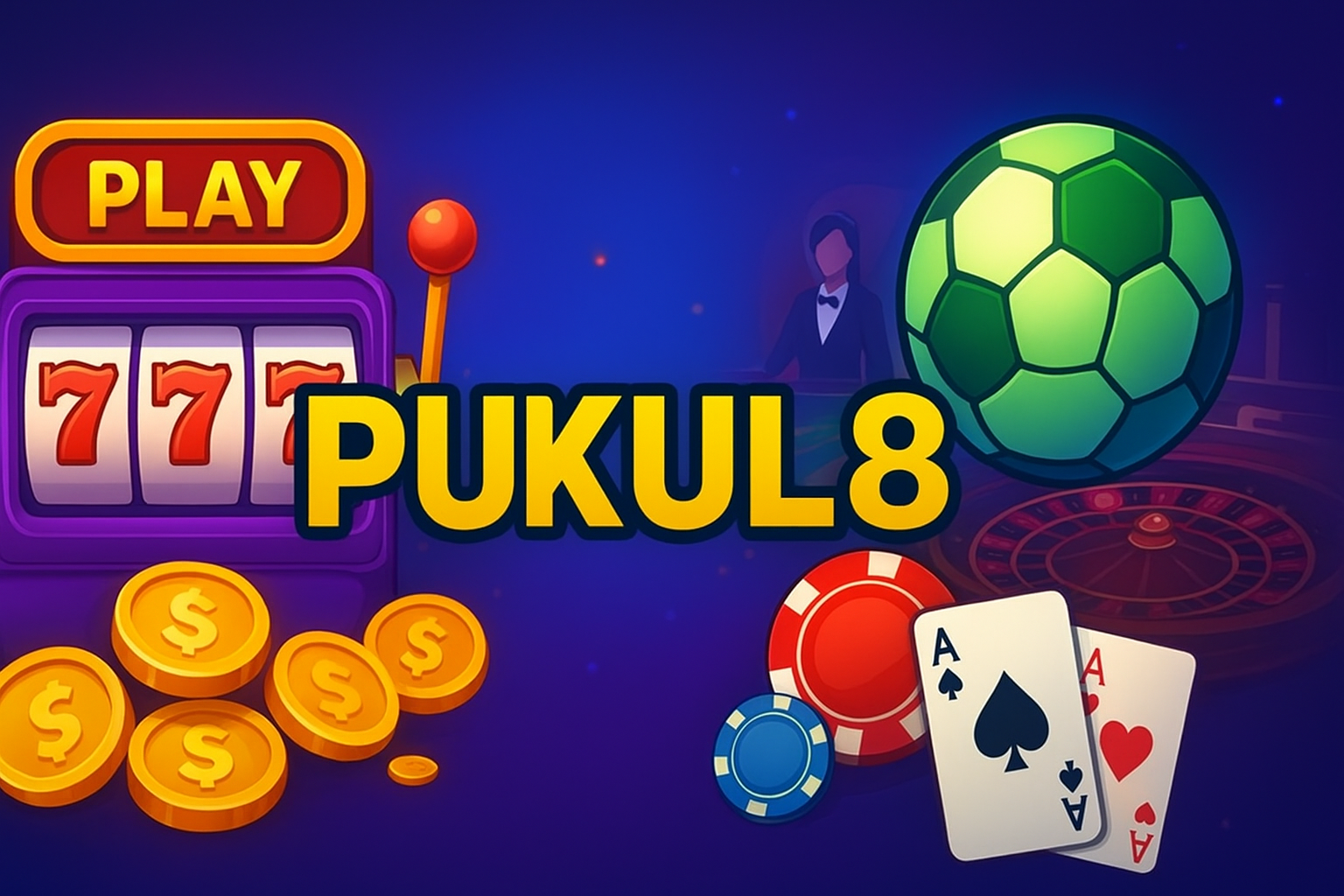 Ilustrasi promosi PUKUL8 menampilkan mesin slot, kartu kasino, roulette, dan bola sepak di atas latar biru modern